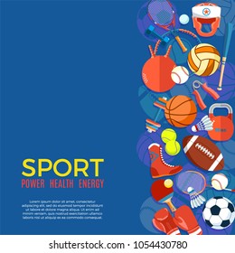 Banner of sport balls and gaming equipment. Poster with text Sport for banner, sticker, web. Healthy lifestyle tools, elements. Vector Illustration.