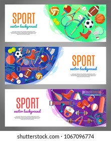 Banner of sport balls and gaming equipment. Poster with text Sport for banner, sticker, web. Healthy lifestyle tools, elements. Vector Illustration.