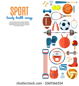 Banner of sport balls and gaming equipment. Background for promotional posters, advertising flyers, brochure or booklet, discount banners, sale. Healthy lifestyle tools. Vector Illustration.