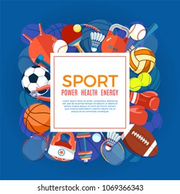 Banner of sport balls and gaming equipment. Poster with text Sport for banner, sticker, web. Healthy lifestyle tools, elements. Vector Illustration.