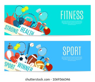 Banner of sport balls and gaming equipment. Poster with text Sport, Fitness for banner, sticker, web. Healthy lifestyle tools, elements. Vector Illustration.