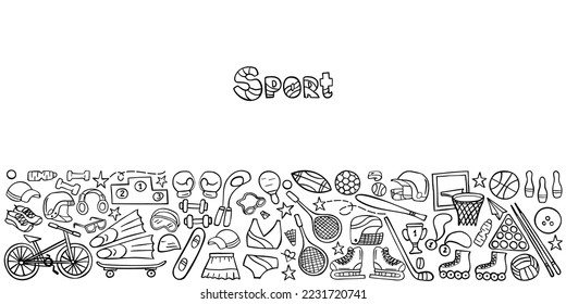 Banner sport doodle set on white on background. Sports equipment and training supplies. Vector illustration.