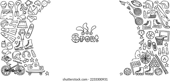 Banner sport doodle set on white background. Sports equipment and training supplies. Vector illustration.