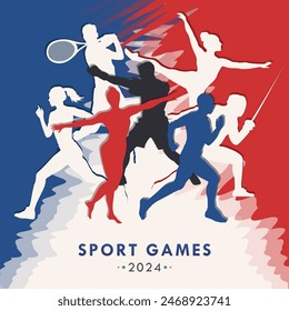 Banner with sport players silhouettes against the France flag background. Flat sportspeople - gymnast, athlete, runner, fencer, boxer, tennis player. Poster or card with hand-drawn athletes