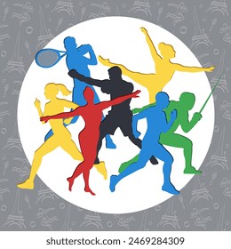 Banner with sport players silhouettes in colorful circles on white background. Flat sportspeople - gymnast, athlete, runner, fencer, boxer, tennis player. Сollection of hand-drawn athletes
