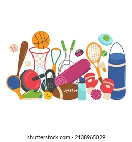 Cartel con equipamiento deportivo. Boxeo, pelotas para fútbol americano y voleibol, raqueta de tenis, campanas de púas, campana de kétlebell, estera, botella de agua. Ilustración vectorial para un sitio web de fitness o diseño.