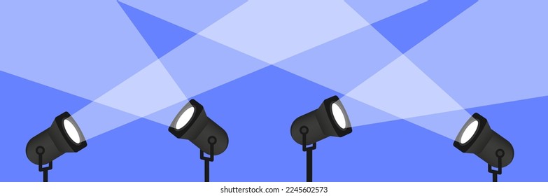 Banner spotlight background. Retro spotlight is glowing on wall. Spotlight on color background. Illuminated lamp advertising poster space for text. Spotlight shining on blue background. Web banner