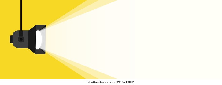 Banner spotlight background. Retro spotlight is glowing on wall. Spotlight on color background. Illuminated lamp advertising poster space for text. Spotlight shining on yellow background. Web banner