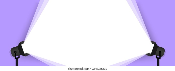 Banner spotlight background. Retro spotlight is glowing on wall. Spotlight on color background. Illuminated lamp advertising poster space for text. Spotlight shining on violet background. Web banner