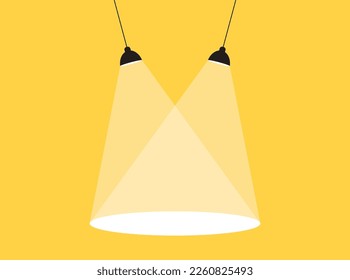 Banner spotlight background. Retro spotlight is glowing on wall. Spotlight on color background. Illuminated lamp advertising poster space for text. Spotlight shining on yellow background. Web. 