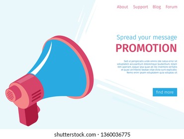 Banner Spread Your Message Promotion to Users. Foreground is Loudspeaker. Strategies Audio to Attract Potential Customers and Conversion Paths. Vector Illustration on Landing Page.