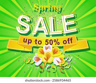 banner spring 50% discount on green background with flowers template for banner, poster, coupon