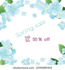 Banner with spring discounts.50% discount. Luxurious minimalist wallpaper with apple blossom flowers in botanical style, organic shapes. Vector background for banner, poster, website and packaging