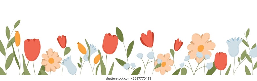 Banner with spring flower border vector. Cute garden bloom illustration with yellow tulip leaves. Horizontal summer botanical pattern with nature edge design element for invitation decoration.