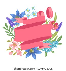 Banner with spring flowers. Beautiful decorative natural plants, buds and leaves.