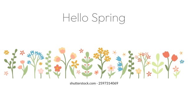 Banner with spring flowers. Vector illustration in flat style with simple elements in a rectangular composition. Garden theme for design of card, banner, invitation, other digital and printed product.