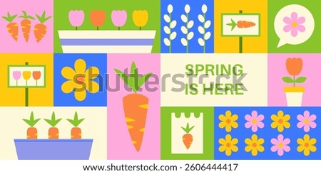Banner Spring is Here Geometrical. Vector Illustration of Seasonal Flower and Garden Background. Carrot and Tulip Season. Polygonal and Triangular.