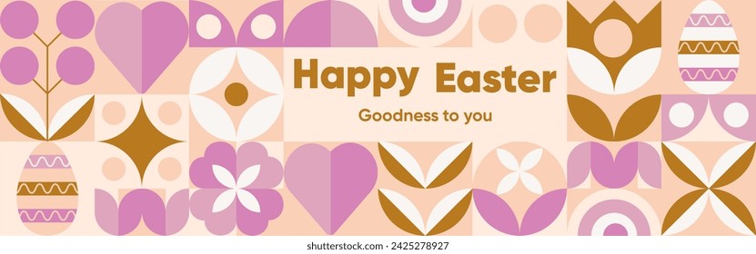 Banner for the Spring holiday  Happy Easter with a texture of geometric shapes in the style of a Bauhaus pattern,pastel color trend background with eggs.Happy Easter vector illustration.