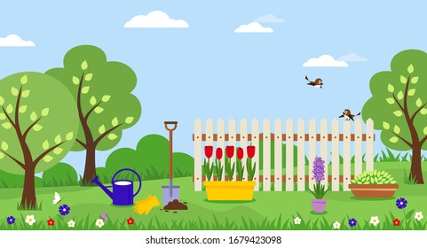 Banner with spring landscape. Potted tulips. Planting flowers shovel gardening. Vector illustration.