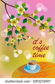 Banner spring leaves blooming cherry blossom. Coffee on the table in the spring. Time to drink coffee.