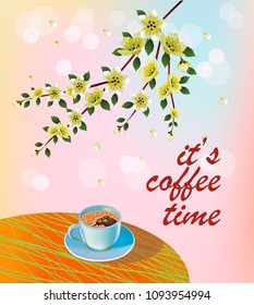 Banner spring leaves blooming cherry blossom. Coffee on the table in the spring. Time to drink coffee.