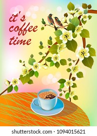 Banner spring leaves blooming cherry blossom. Coffee on the table in the spring. Time to drink coffee.