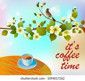 Banner spring leaves blooming cherry blossom. Coffee on the table in the spring. Time to drink coffee.