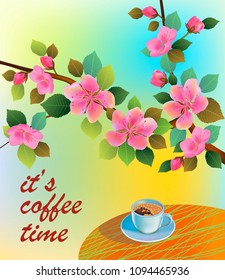 Banner spring leaves blooming cherry blossom. Coffee on the table in the spring. Time to drink coffee.