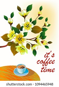 Banner spring leaves blooming cherry blossom. Coffee on the table in the spring. Time to drink coffee.