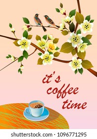 Banner spring leaves blooming cherry blossom. Coffee on the table in the spring. Time to drink coffee.