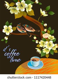 Banner spring leaves blooming cherry blossom. Coffee on the table in the spring. Time to drink coffee.Sakura.