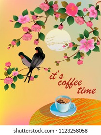 Banner spring leaves blooming cherry blossom. Coffee on the table in the spring. Time to drink coffee.Sakura.