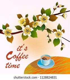Banner spring leaves blooming cherry blossom. Coffee on the table in the spring. Time to drink coffee.Sakura.
