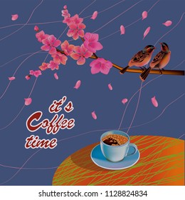 Banner spring leaves blooming cherry blossom. Coffee on the table in the spring. Time to drink coffee.Sakura.