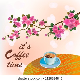 Banner spring leaves blooming cherry blossom. Coffee on the table in the spring. Time to drink coffee.Sakura.