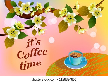 Banner spring leaves blooming cherry blossom. Coffee on the table in the spring. Time to drink coffee.Sakura.