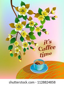 Banner spring leaves blooming cherry blossom. Coffee on the table in the spring. Time to drink coffee.Sakura.