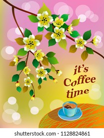 Banner spring leaves blooming cherry blossom. Coffee on the table in the spring. Time to drink coffee.Sakura.