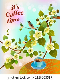 Banner spring leaves blooming cherry blossom. Coffee on the table in the spring. Time to drink coffee.Sakura.