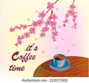  Banner spring leaves blooming cherry blossom. Coffee on the table in the spring. Time to drink coffee.Sakura.