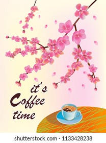  Banner spring leaves blooming cherry blossom. Coffee on the table in the spring. Time to drink coffee.Sakura.