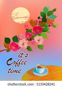  Banner spring leaves blooming cherry blossom. Coffee on the table in the spring. Time to drink coffee.Sakura.