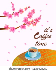  Banner spring leaves blooming cherry blossom. Coffee on the table in the spring. Time to drink coffee.Sakura.