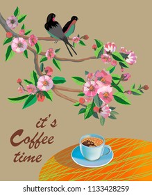  Banner spring leaves blooming cherry blossom. Coffee on the table in the spring. Time to drink coffee.Sakura.