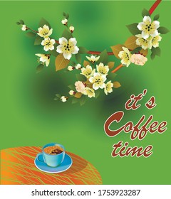 Banner spring leaves blooming cherry blossom. Coffee on the table in the spring. Time to drink coffee.