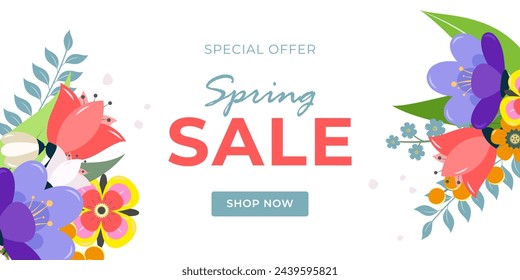 Banner spring sale discounts for goods up to 50% in the online store with bright flowers isolated with text. Flat  style. Vector illustration.