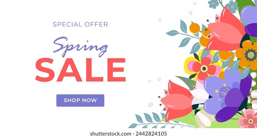 Banner spring sale discounts for goods up to 50% in the online store with bright flowers with text. Vector illustration.