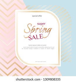 Banner Spring Sale Elegant golden specks zigzag pink background Luxury card banner for advertising sale promotions discounts Beautiful spring summer theme of fashion advertising sale discount Vector