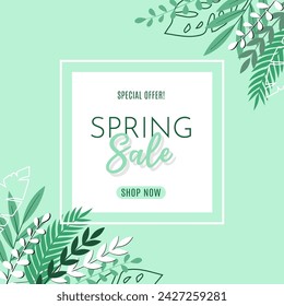 Banner for spring sale with floral pattern, leaves in minimalistic modern design