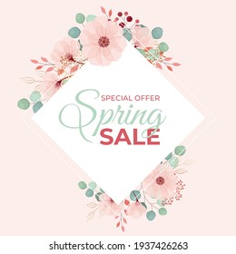 Banner Spring Sale With Flower Frame On Peach Background. Elegant Spring Flowers On Rhombus Frame. Special Offer.